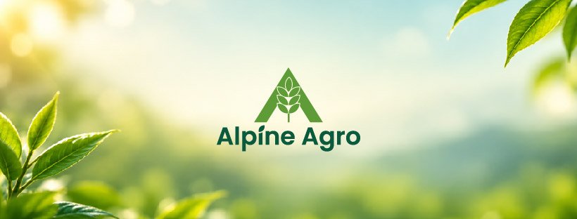 Alpine Agro brand banner with the leaf and mountain logo over green fields